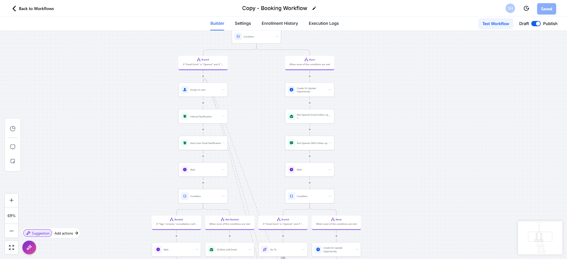 Workflow screenshot: booking workflow with conditional branches