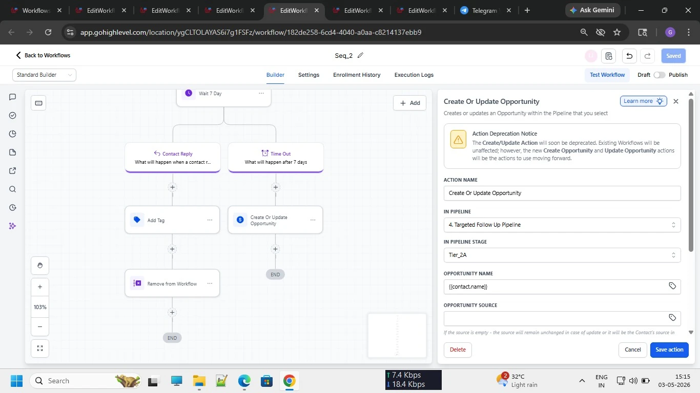 Workflow screenshot: opportunity record created and updated automatically