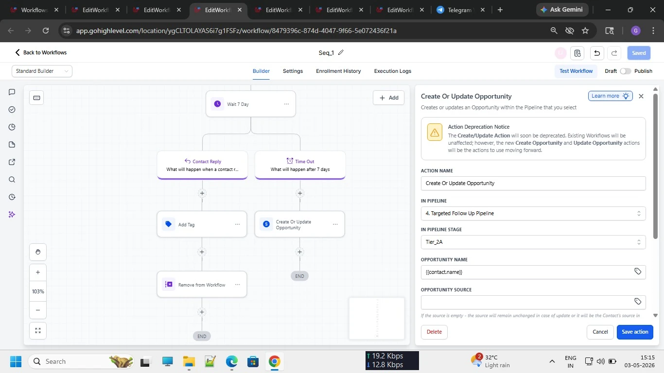 Workflow screenshot: pipeline stage update on reply or timeout