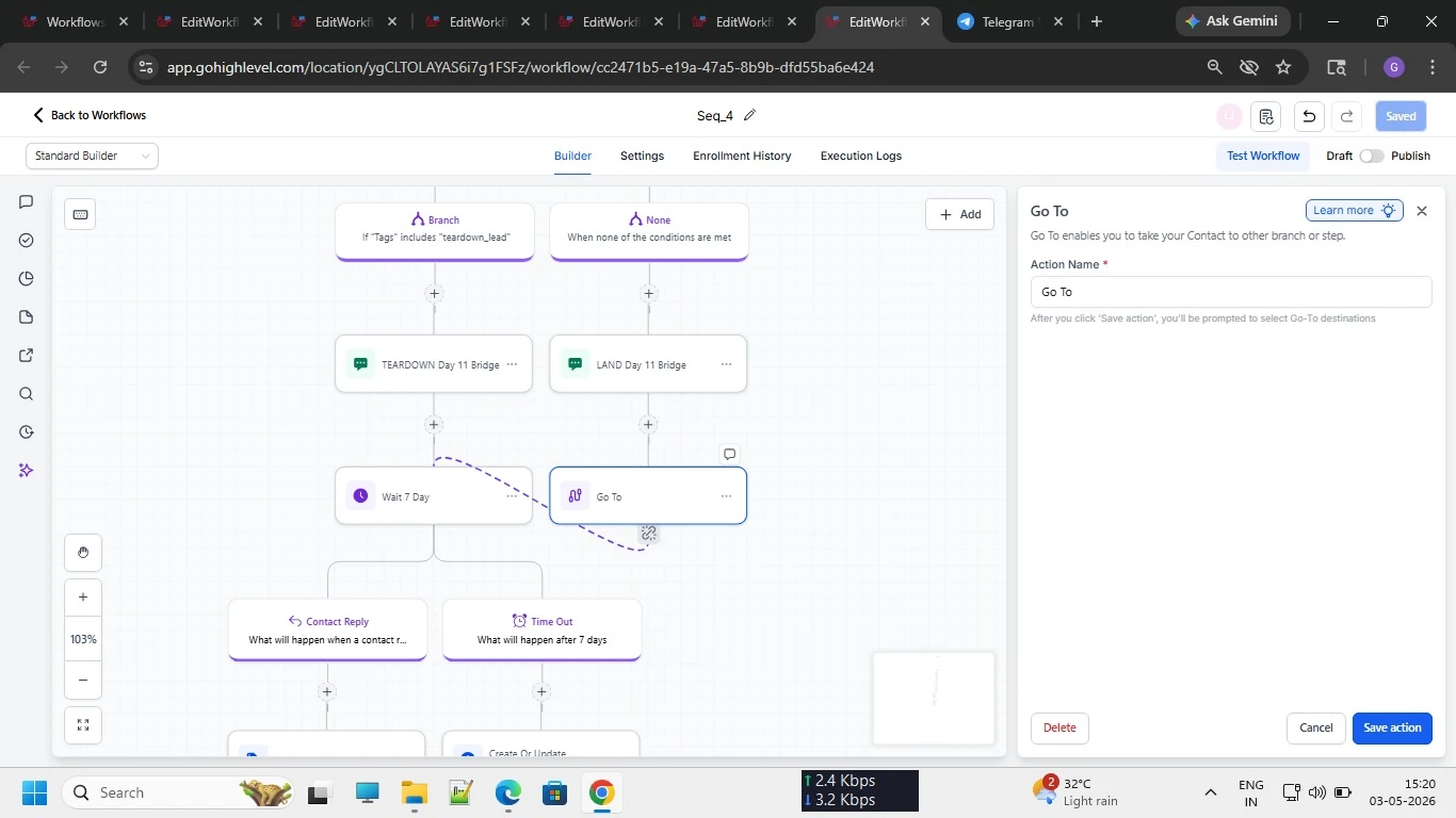 Workflow screenshot: day-eleven bridge step reconnecting a sequence