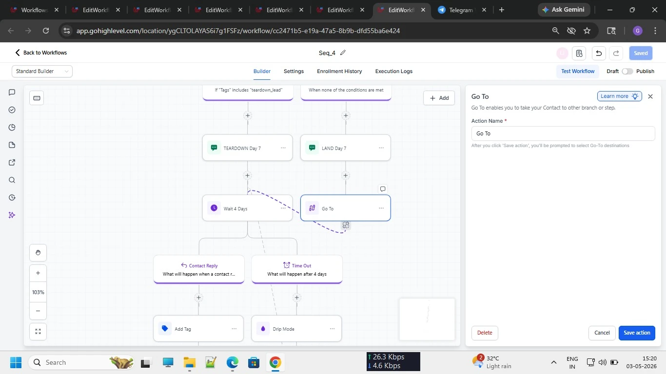 Workflow screenshot: sequence step routing contacts between branches